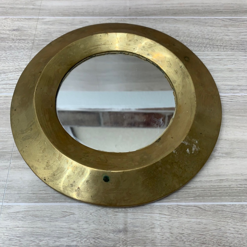 Vtg MCM Round Brass Porthole Wall Mirror Nautical Gold Tone Maritime Decor 7.5"